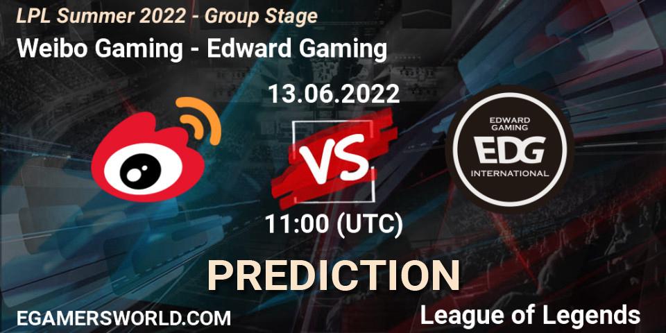 Prognoza Weibo Gaming - Edward Gaming. 13.06.2022 at 11:00, LoL, LPL Summer 2022 - Group Stage