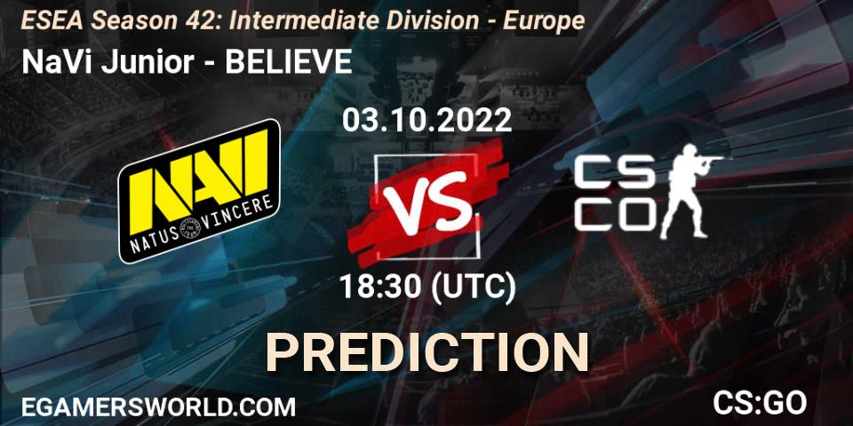 Prognoza NaVi Junior - BELIEVE. 03.10.2022 at 17:00, Counter-Strike (CS2), ESEA Season 42: Intermediate Division - Europe