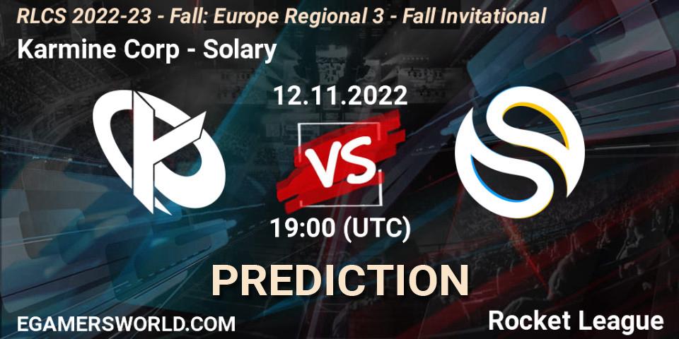 Prognoza Karmine Corp - Solary. 12.11.2022 at 19:15, Rocket League, RLCS 2022-23 - Fall: Europe Regional 3 - Fall Invitational