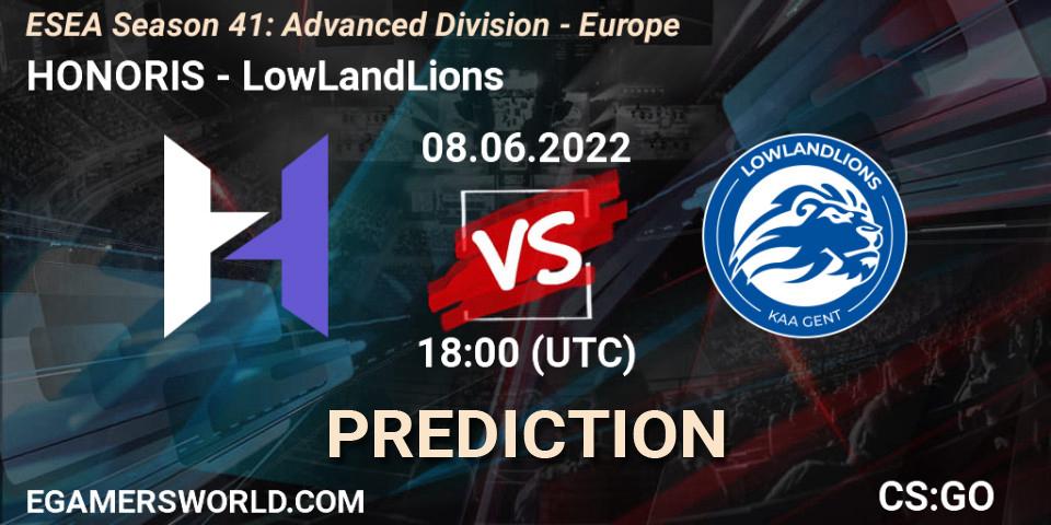 Prognoza HONORIS - LowLandLions. 08.06.2022 at 18:00, Counter-Strike (CS2), ESEA Season 41: Advanced Division - Europe