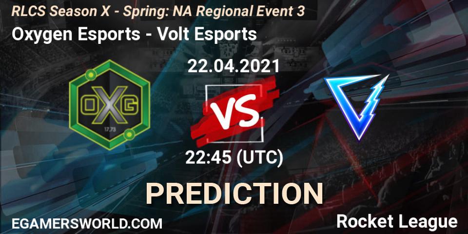 Prognoza Oxygen Esports - Volt Esports. 22.04.2021 at 22:45, Rocket League, RLCS Season X - Spring: NA Regional Event 3