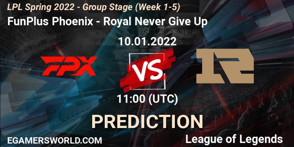 Prognoza FunPlus Phoenix - Royal Never Give Up. 10.01.2022 at 11:00, LoL, LPL Spring 2022 - Group Stage (Week 1-5)
