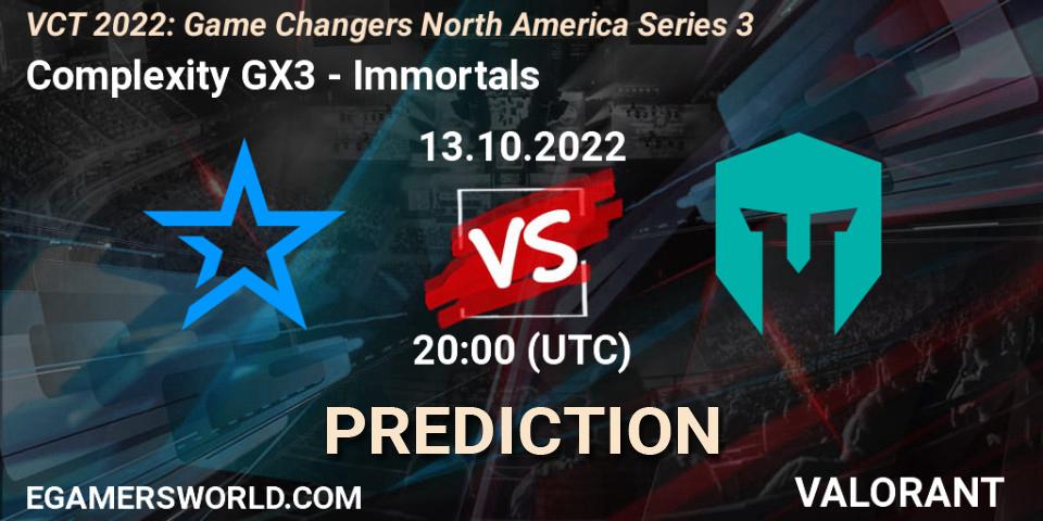 Prognoza Complexity GX3 - Immortals. 13.10.2022 at 20:10, VALORANT, VCT 2022: Game Changers North America Series 3