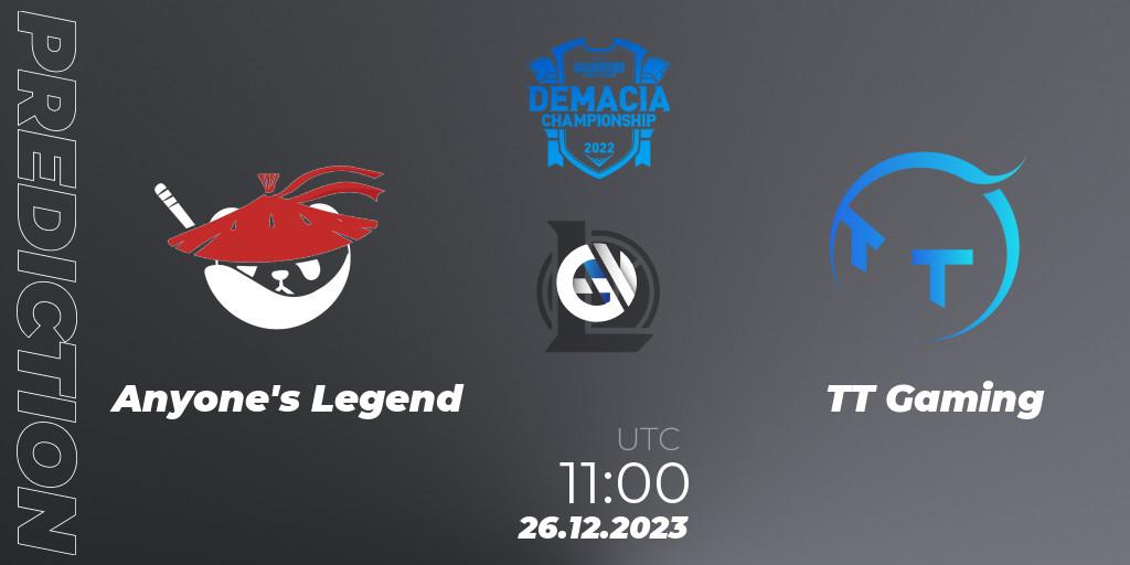 Prognoza Anyone's Legend - TT Gaming. 26.12.2023 at 11:00, LoL, Demacia Cup 2023 Group Stage