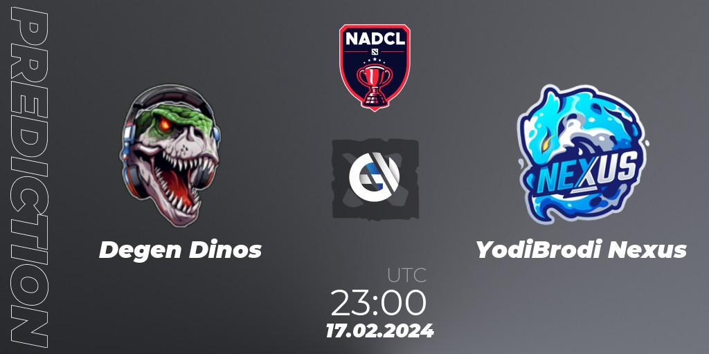 Prognoza Degen Dinos - YodiBrodi Nexus. 17.02.2024 at 23:00, Dota 2, North American Dota Challengers League Season 6 Division 1