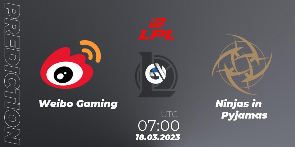 Prognoza Weibo Gaming - Ninjas in Pyjamas. 18.03.2023 at 07:00, LoL, LPL Spring 2023 - Group Stage