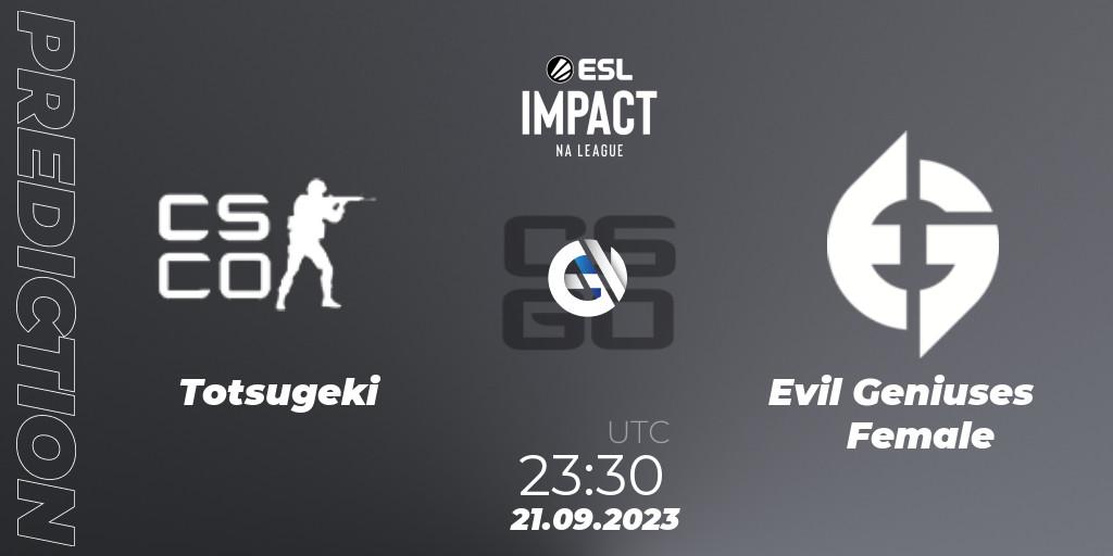 Prognoza Totsugeki - Evil Geniuses Female. 21.09.2023 at 23:30, Counter-Strike (CS2), ESL Impact League Season 4: North American Division
