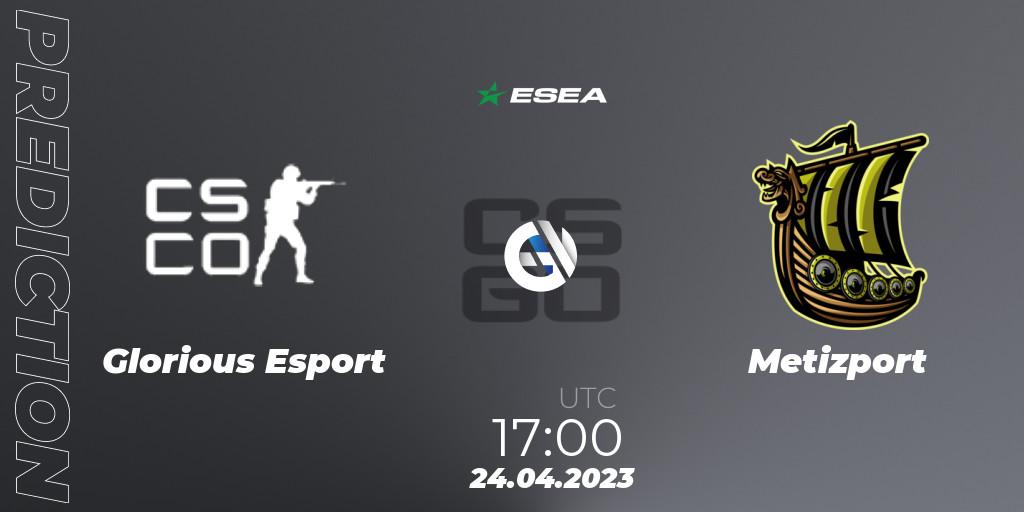 Prognoza Glorious Esport - Metizport. 24.04.2023 at 17:00, Counter-Strike (CS2), ESEA Season 45: Advanced Division - Europe
