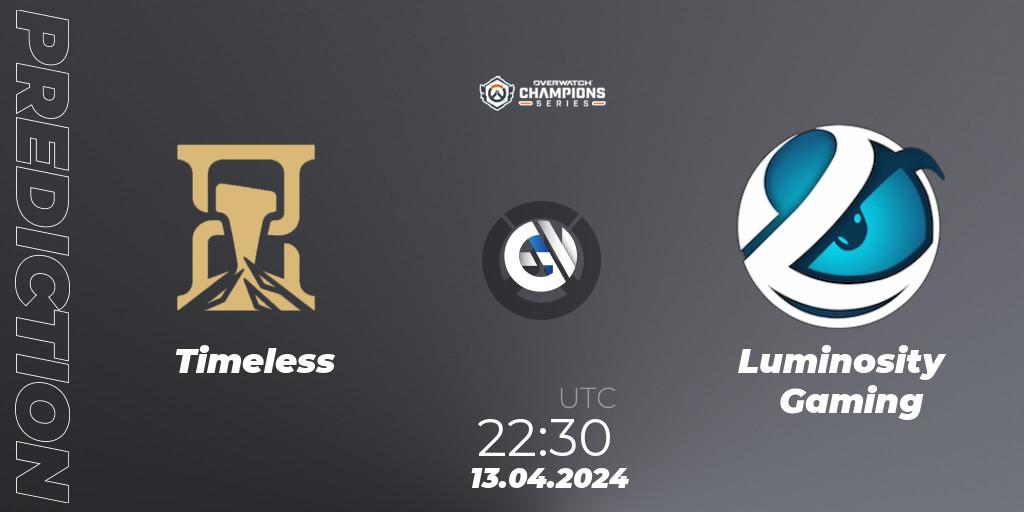 Prognoza Timeless - Luminosity Gaming. 13.04.2024 at 22:30, Overwatch, Overwatch Champions Series 2024 - North America Stage 2 Group Stage