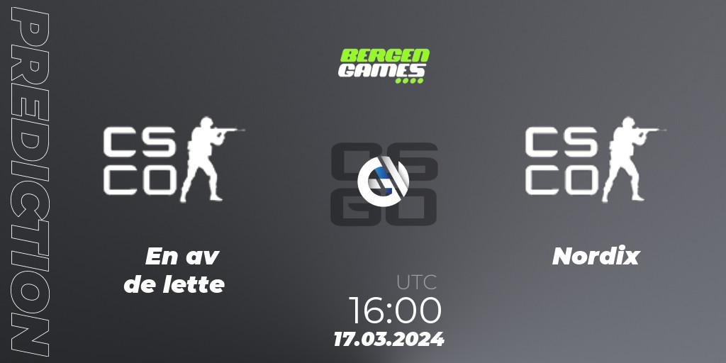 Prognoza En av de lette - Nordix Esport. 17.03.2024 at 16:00, Counter-Strike (CS2), Bergen Games 2024