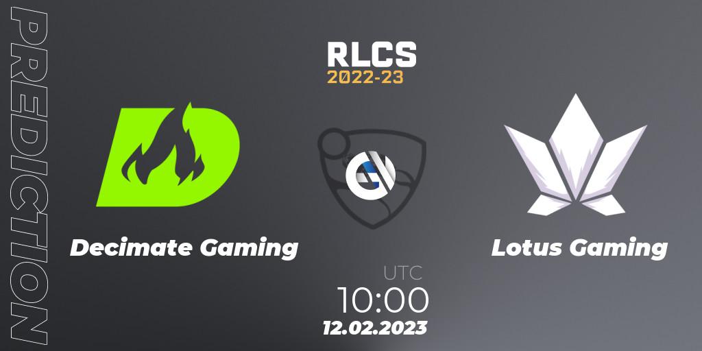 Prognoza Decimate Gaming - Lotus Gaming. 12.02.2023 at 11:00, Rocket League, RLCS 2022-23 - Winter: Asia-Pacific Regional 2 - Winter Cup