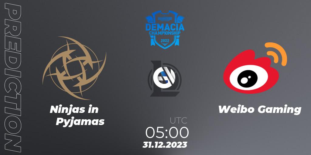 Prognoza Ninjas in Pyjamas - Weibo Gaming. 31.12.2023 at 05:00, LoL, Demacia Cup 2023 Playoffs