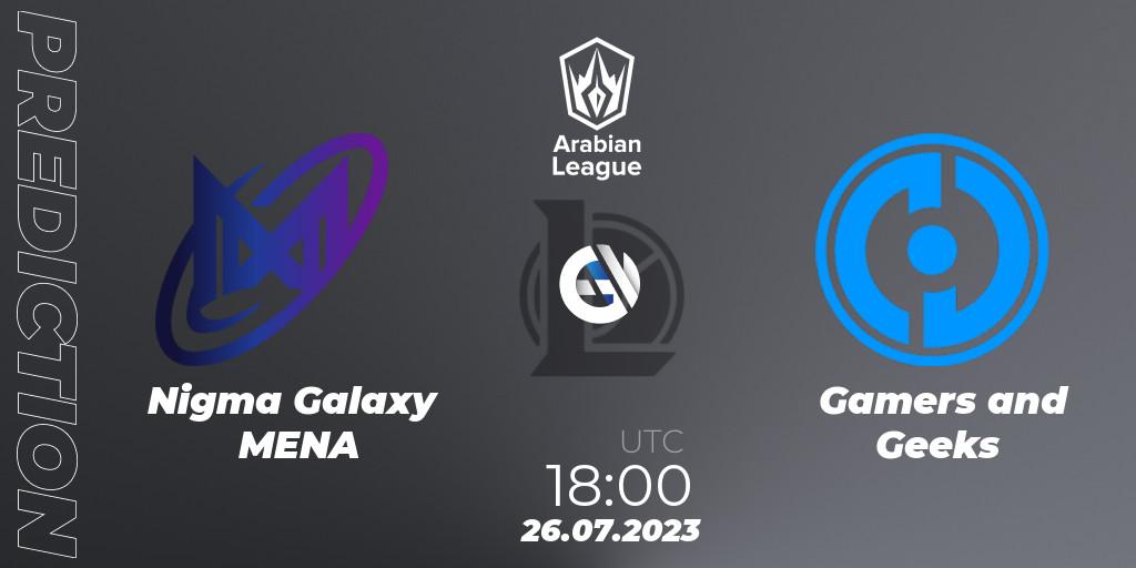 Prognoza Nigma Galaxy MENA - Gamers and Geeks. 26.07.2023 at 18:00, LoL, Arabian League Summer 2023 - Group Stage