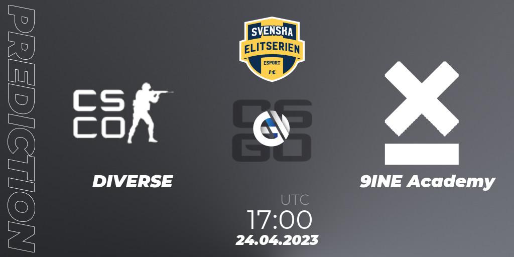 Prognoza DIVERSE - 9INE Academy. 24.04.2023 at 17:00, Counter-Strike (CS2), Svenska Elitserien Spring 2023: Online Stage