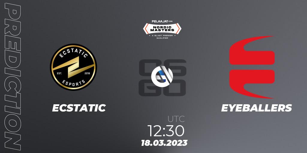 Prognoza ECSTATIC - EYEBALLERS. 18.03.2023 at 12:30, Counter-Strike (CS2), Pelaajat Nordic Masters Spring 2023 - BLAST Premier Qualifier