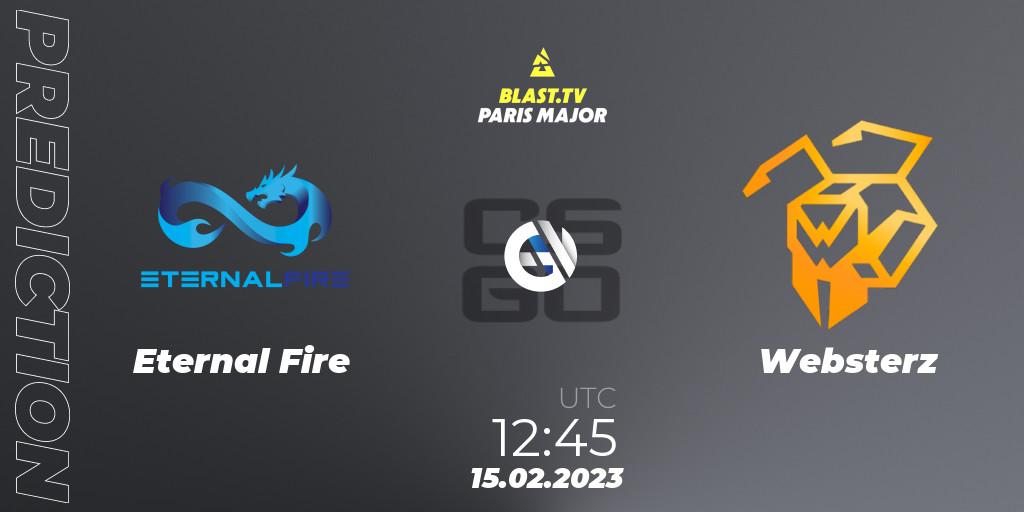 Prognoza Eternal Fire - Websterz. 15.02.2023 at 12:45, Counter-Strike (CS2), BLAST.tv Paris Major 2023 Europe RMR Open Qualifier 2