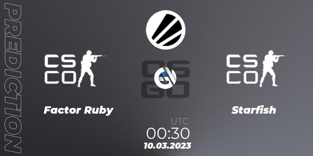 Prognoza Factor Ruby - Starfish. 10.03.2023 at 00:30, Counter-Strike (CS2), ESL Impact League Season 3: North American Division