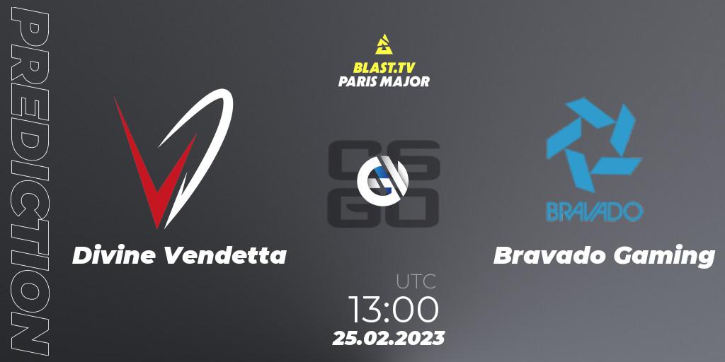 Prognoza Divine Vendetta - Bravado Gaming. 25.02.23, CS2 (CS:GO), BLAST.tv Paris Major 2023 Middle East RMR Closed Qualifier