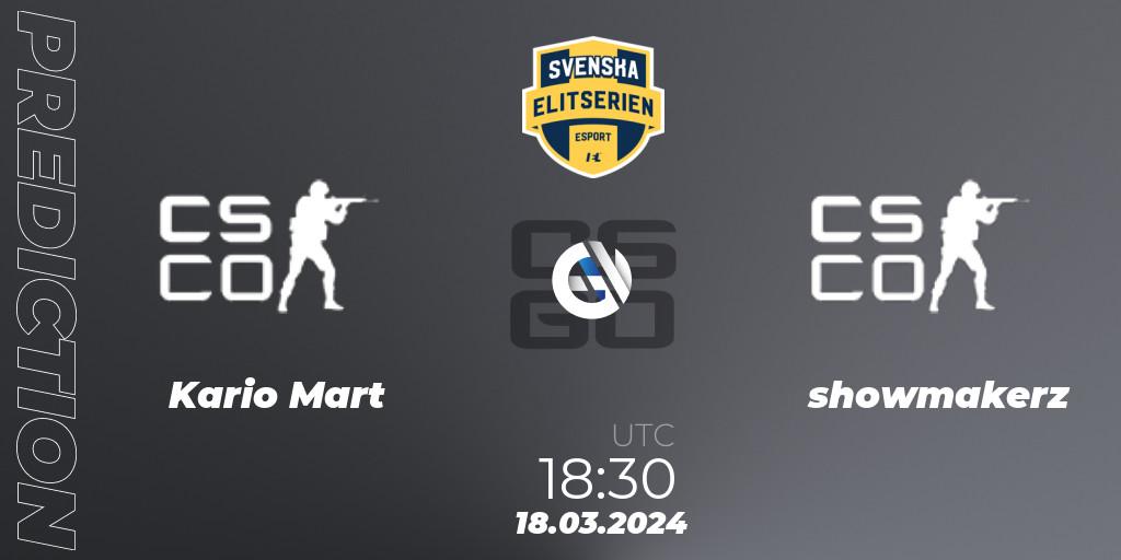 Prognoza Kario Mart - showmakerz. 18.03.2024 at 18:30, Counter-Strike (CS2), Svenska Elitserien Spring 2024
