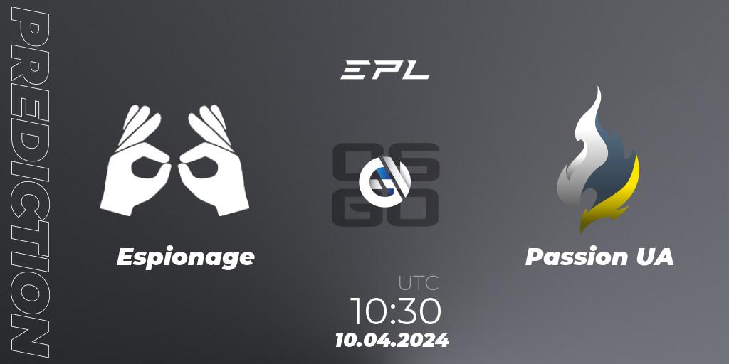 Prognoza Espionage - Passion UA. 10.04.2024 at 11:00, Counter-Strike (CS2), European Pro League Season 15