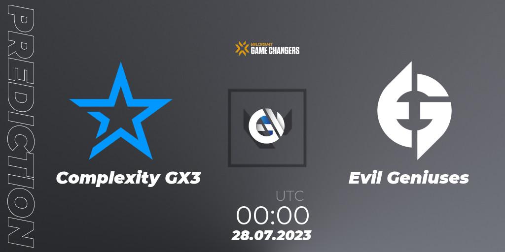 Prognoza Complexity GX3 - Evil Geniuses. 28.07.2023 at 00:00, VALORANT, VCT 2023: Game Changers North America Series S2
