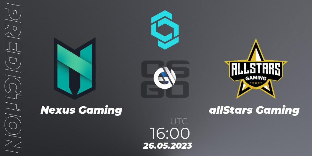 Prognoza Nexus Gaming - allStars Gaming. 26.05.2023 at 16:00, Counter-Strike (CS2), CCT North Europe Series 5 Closed Qualifier