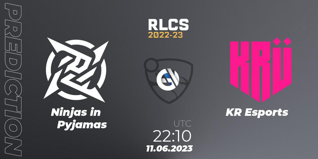 Prognoza Ninjas in Pyjamas - KRÜ Esports. 11.06.2023 at 22:10, Rocket League, RLCS 2022-23 - Spring: South America Regional 3 - Spring Invitational