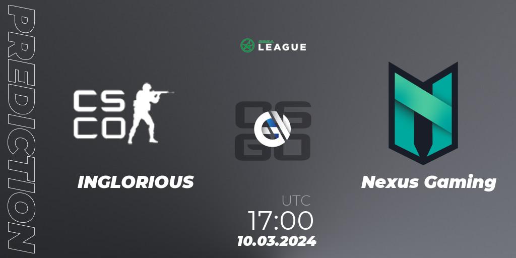 Prognoza INGLORIOUS - Nexus Gaming. 10.03.24, CS2 (CS:GO), ESEA Season 48: Advanced Division - Europe