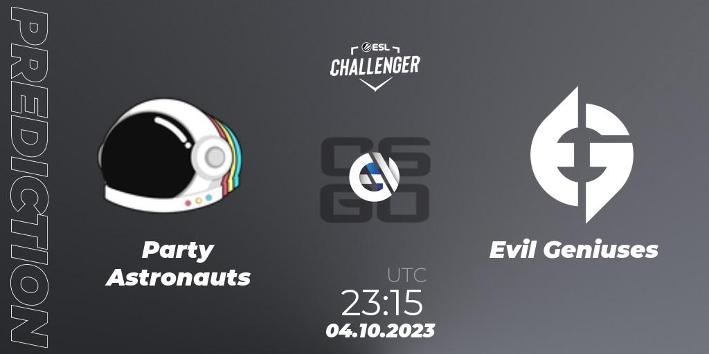 Prognoza Party Astronauts - Evil Geniuses. 04.10.2023 at 23:15, Counter-Strike (CS2), ESL Challenger at DreamHack Winter 2023: North American Open Qualifier