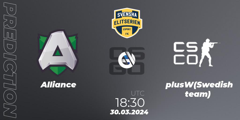 Prognoza Alliance - plusW(Swedish team). 28.03.2024 at 15:10, Counter-Strike (CS2), Svenska Elitserien Spring 2024