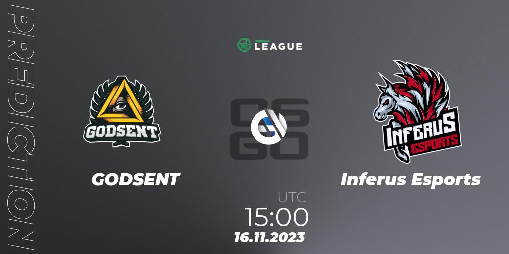 Prognoza GODSENT - Inferus Esports. 16.11.2023 at 15:00, Counter-Strike (CS2), ESEA Season 47: Advanced Division - Europe
