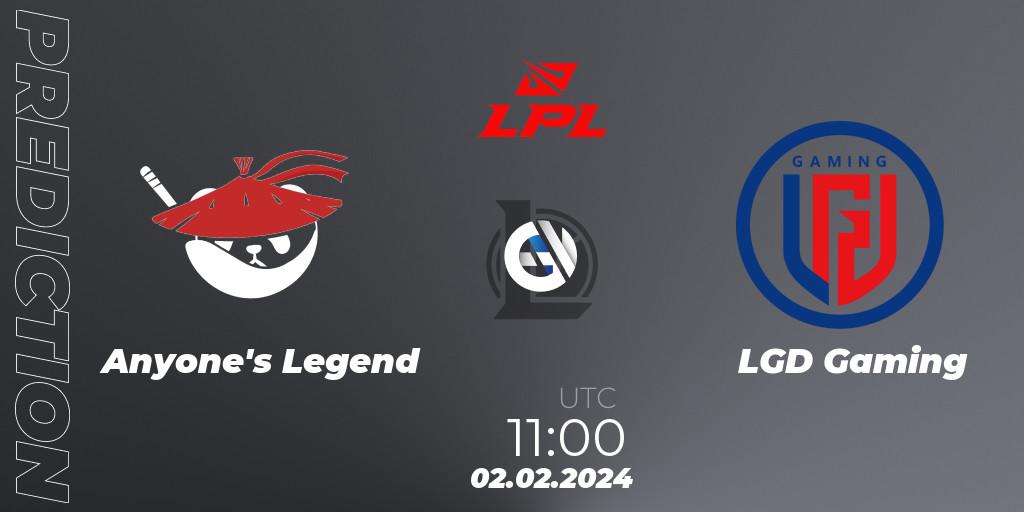 Prognoza Anyone's Legend - LGD Gaming. 02.02.24, LoL, LPL Spring 2024 - Group Stage