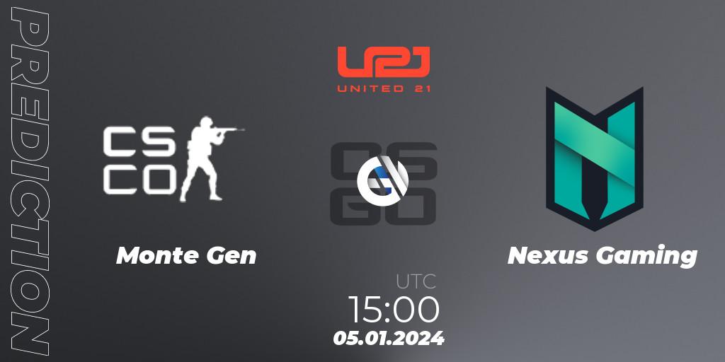 Prognoza Monte Gen - Nexus Gaming. 05.01.2024 at 15:00, Counter-Strike (CS2), United21 Season 10