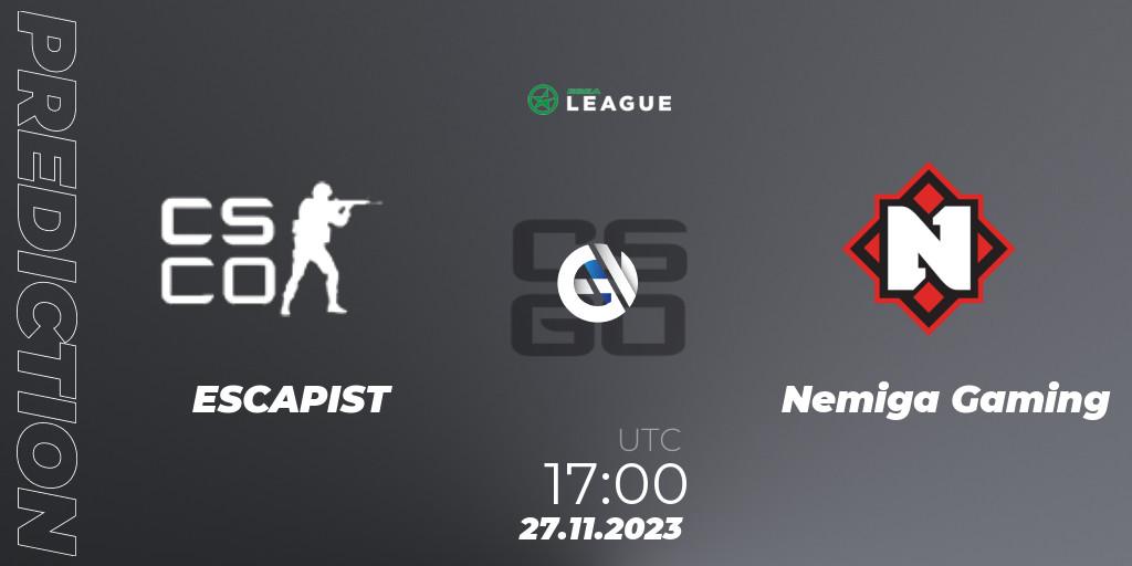 Prognoza ESCAPIST - Nemiga Gaming. 27.11.2023 at 17:00, Counter-Strike (CS2), ESEA Season 47: Advanced Division - Europe