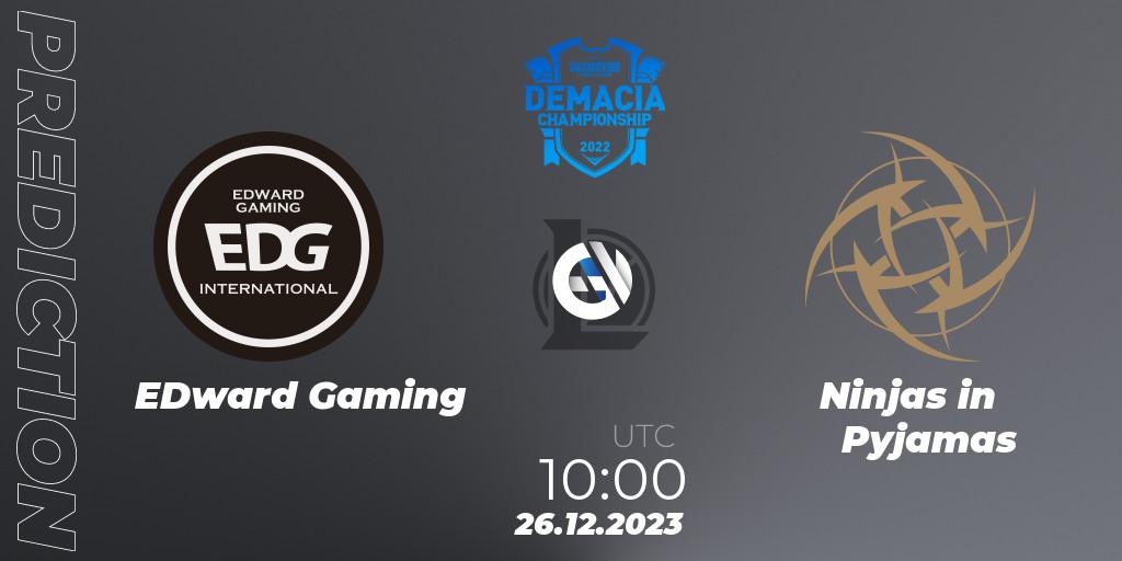 Prognoza EDward Gaming - Ninjas in Pyjamas. 26.12.2023 at 10:00, LoL, Demacia Cup 2023 Group Stage