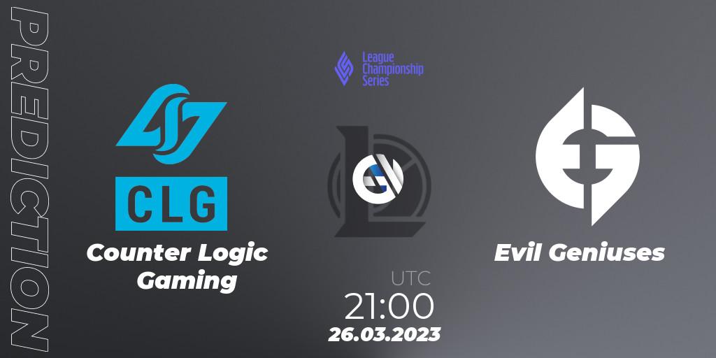 Prognoza Counter Logic Gaming - Evil Geniuses. 26.03.23, LoL, LCS Spring 2023 - Playoffs