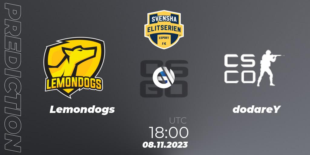 Prognoza Lemondogs - dodareY. 08.11.2023 at 18:00, Counter-Strike (CS2), Svenska Elitserien Fall 2023: Online Stage
