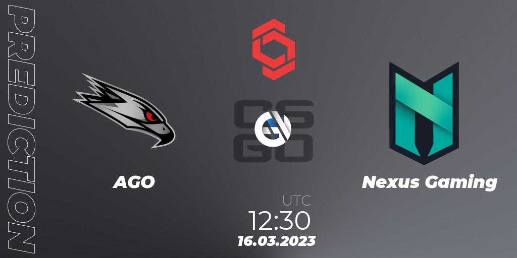 Prognoza AGO - Nexus Gaming. 16.03.2023 at 13:35, Counter-Strike (CS2), CCT Central Europe Series 5 Closed Qualifier