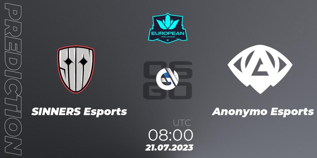 Prognoza SINNERS Esports - Anonymo Esports. 21.07.2023 at 08:00, Counter-Strike (CS2), European Pro League Season 9