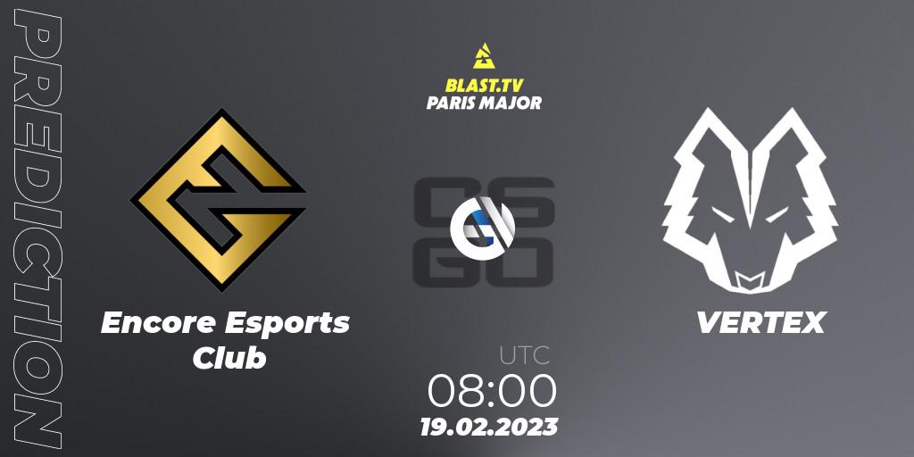 Prognoza Encore Esports Club - VERTEX. 19.02.2023 at 08:00, Counter-Strike (CS2), BLAST.tv Paris Major 2023 Oceania RMR Closed Qualifier