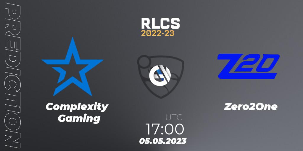 Prognoza Complexity Gaming - Zero2One. 05.05.2023 at 17:00, Rocket League, RLCS 2022-23 - Spring: North America Regional 1 - Spring Open - Playoffs 