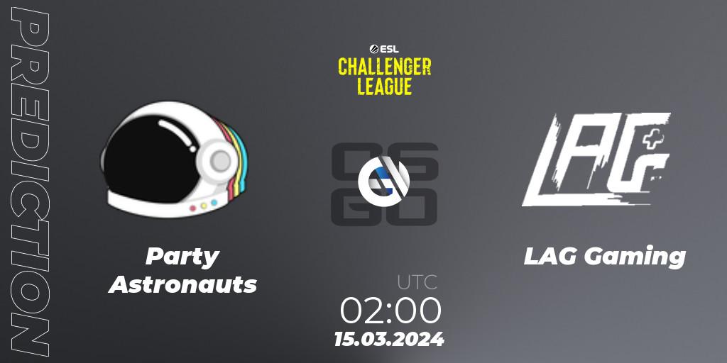 Prognoza Party Astronauts - LAG Gaming. 09.05.2024 at 01:00, Counter-Strike (CS2), ESL Challenger League Season 47: North America