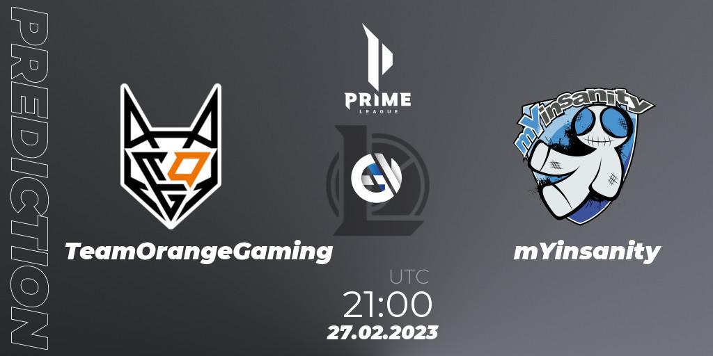 Prognoza TeamOrangeGaming - mYinsanity. 27.02.2023 at 21:00, LoL, Prime League 2nd Division Spring 2023 - Group Stage