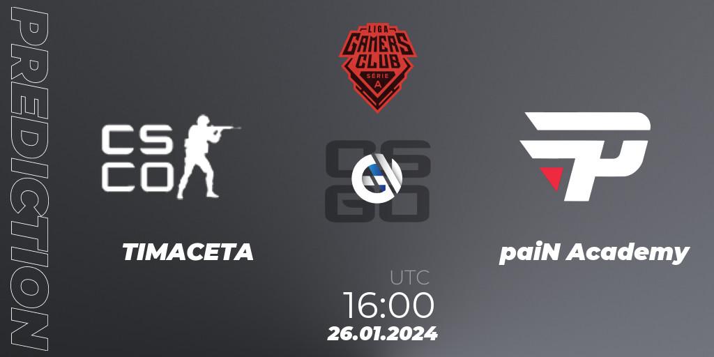 Prognoza TIMACETA - paiN Academy. 26.01.2024 at 16:00, Counter-Strike (CS2), Gamers Club Liga Série A: January 2024