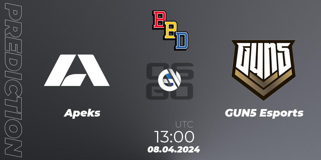 Prognoza Apeks - GUN5 Esports. 08.04.24, CS2 (CS:GO), BetBoom Dacha Belgrade 2024: European Qualifier