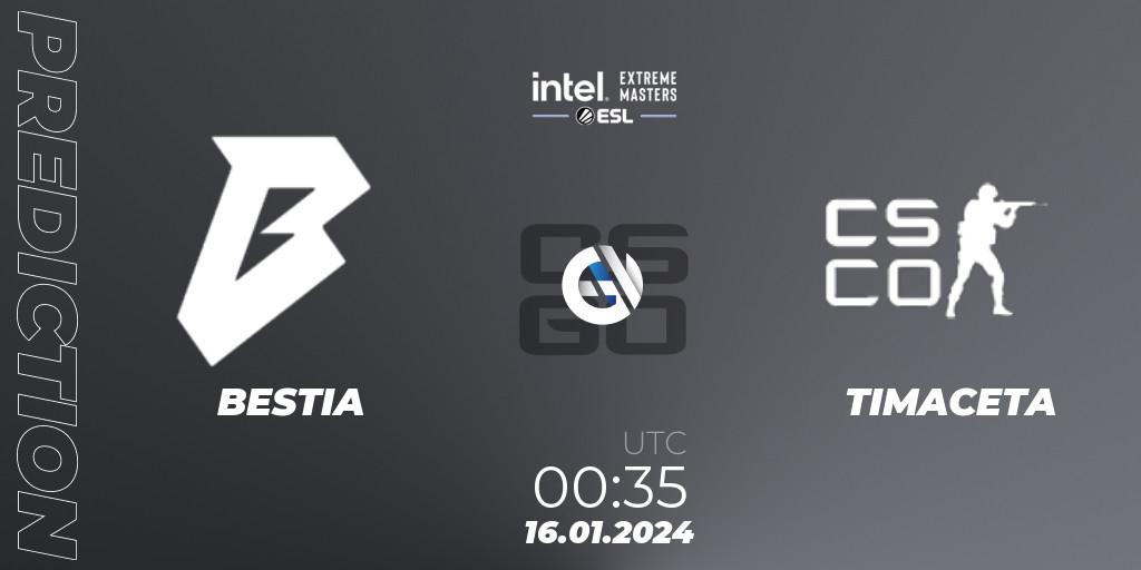 Prognoza BESTIA - TIMACETA. 16.01.2024 at 00:35, Counter-Strike (CS2), Intel Extreme Masters China 2024: South American Open Qualifier #2