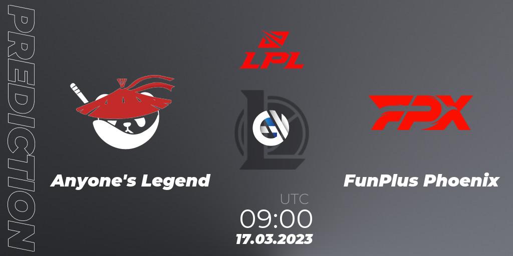 Prognoza Anyone's Legend - FunPlus Phoenix. 17.03.23, LoL, LPL Spring 2023 - Group Stage