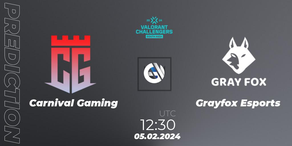 Prognoza Carnival Gaming - Grayfox Esports. 05.02.2024 at 12:30, VALORANT, VALORANT Challengers 2024: South Asia Split 1 - Cup 1