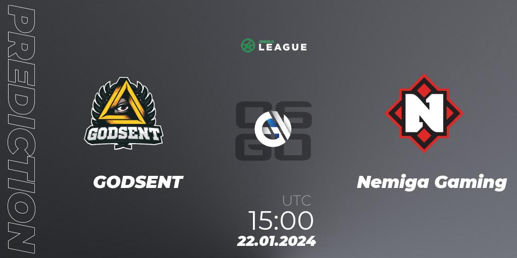 Prognoza GODSENT - Nemiga Gaming. 24.01.2024 at 15:00, Counter-Strike (CS2), ESEA Season 48: Advanced Division - Europe