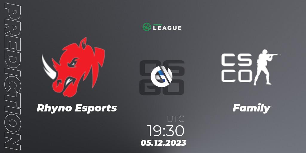 Prognoza Rhyno Esports - Family. 05.12.2023 at 19:30, Counter-Strike (CS2), ESEA Season 47: Main Division - Europe